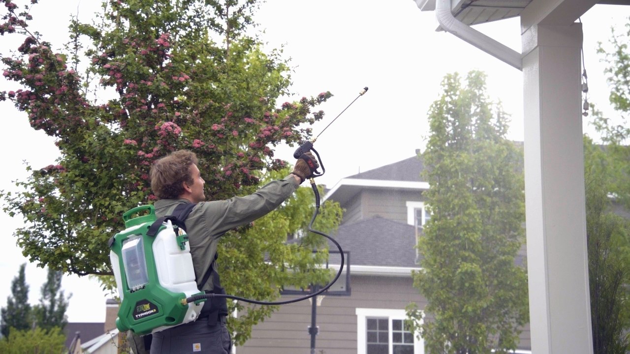 Pest control technician spraying eaves for wasps — Park City exterminator service